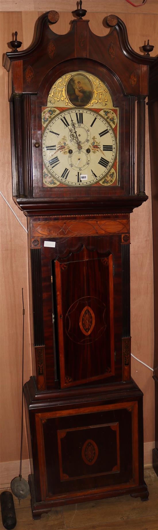 A mahogany and marquetry longcase clock, c.1820, H.240cm